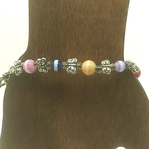 Colorful Rainbow Glass Beaded Toggle Bracelet-Anklet w Silver-tone Butterflies - Picture 13 of 15